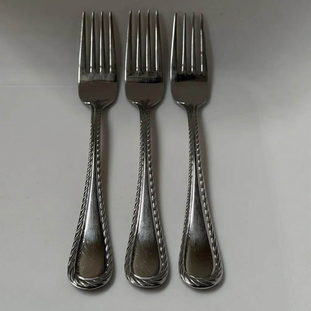 3pc Oneida Belmont-Lyons Salad Forks 7” Stainless Glossy Rope Edge China